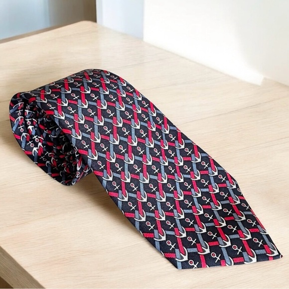 Authentic HERMES 100% Silk Blue Red & White Anchor Nautical Men’s Neck Tie - Picture 1 of 8